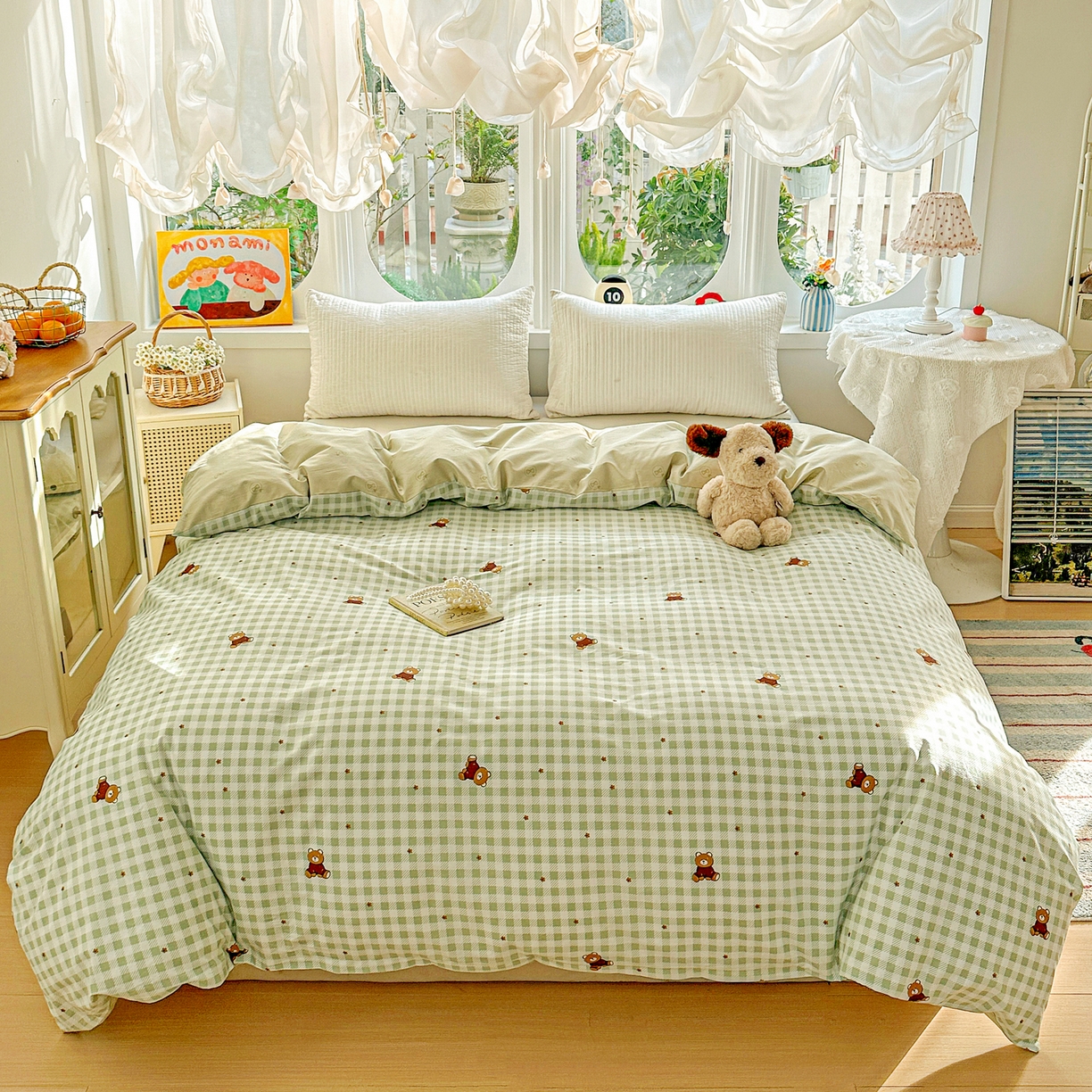 佳汐蓝家纺 2026新款全棉纯棉加厚13376印花单品被套 被套单件 绿格小熊