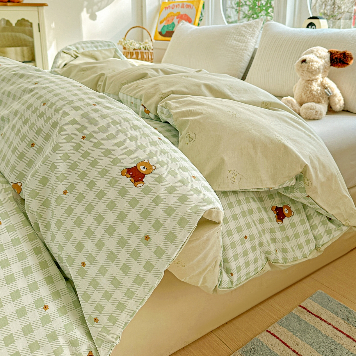 91家纺网 家纺一手货源 找家纺 佳汐蓝家纺 2026新款全棉纯棉加厚13376印花单品被套 被套单件 绿格小熊