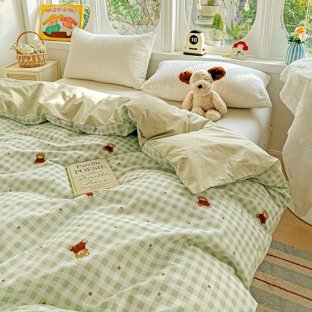 91家纺网 家纺一手货源 找家纺 佳汐蓝家纺 2026新款全棉纯棉加厚13376印花单品被套 被套单件 绿格小熊