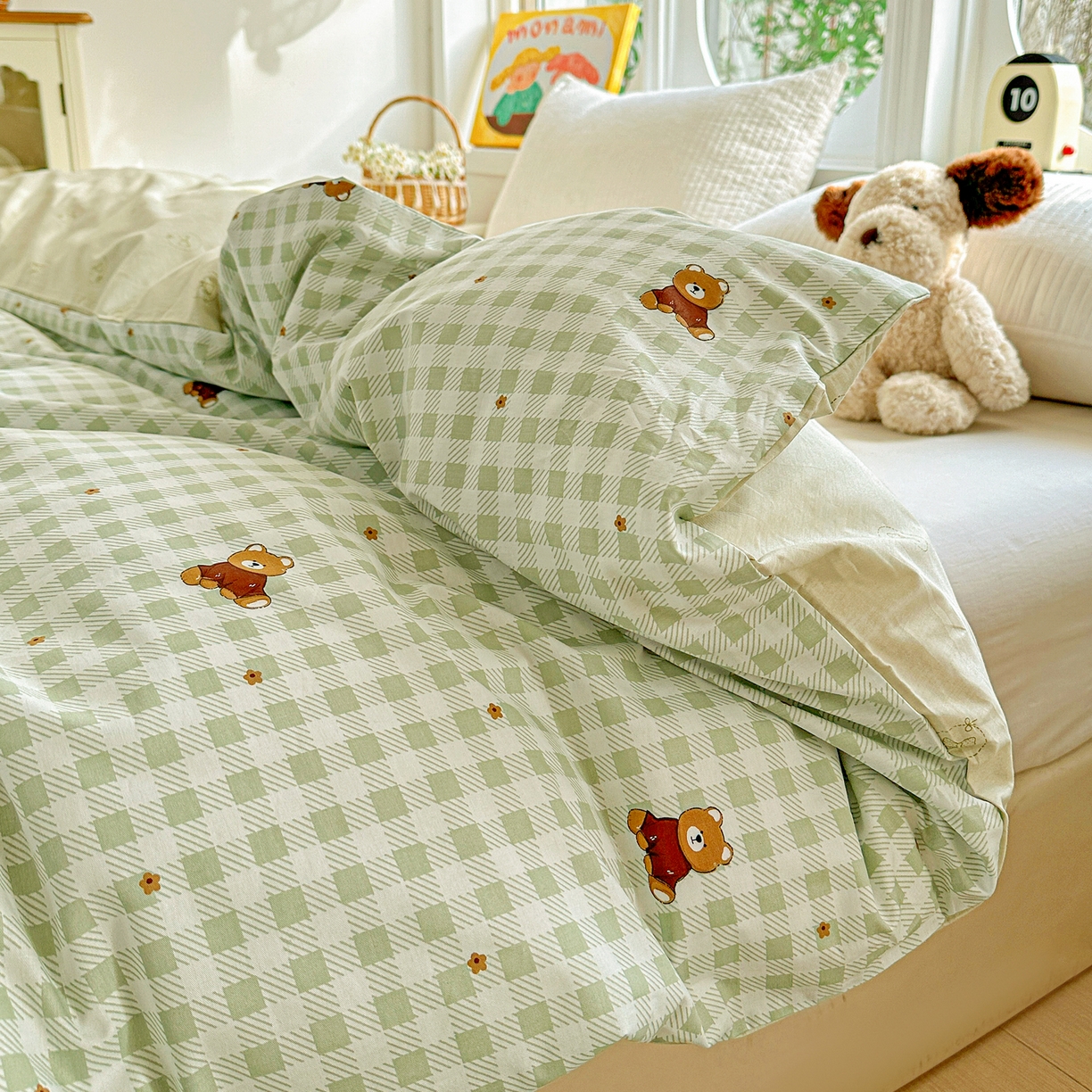 91家纺网 家纺一手货源 找家纺 佳汐蓝家纺 2026新款全棉纯棉加厚13376印花单品被套 被套单件 绿格小熊