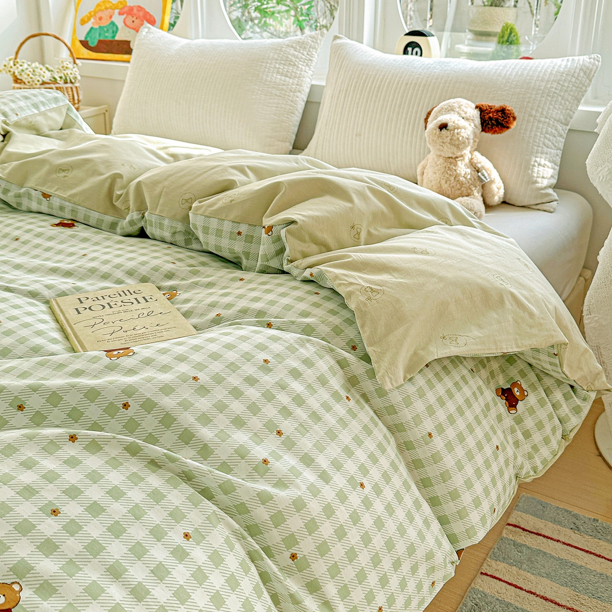 91家纺网 家纺一手货源 找家纺 佳汐蓝家纺 2026新款全棉纯棉加厚13376印花单品被套 被套单件 绿格小熊