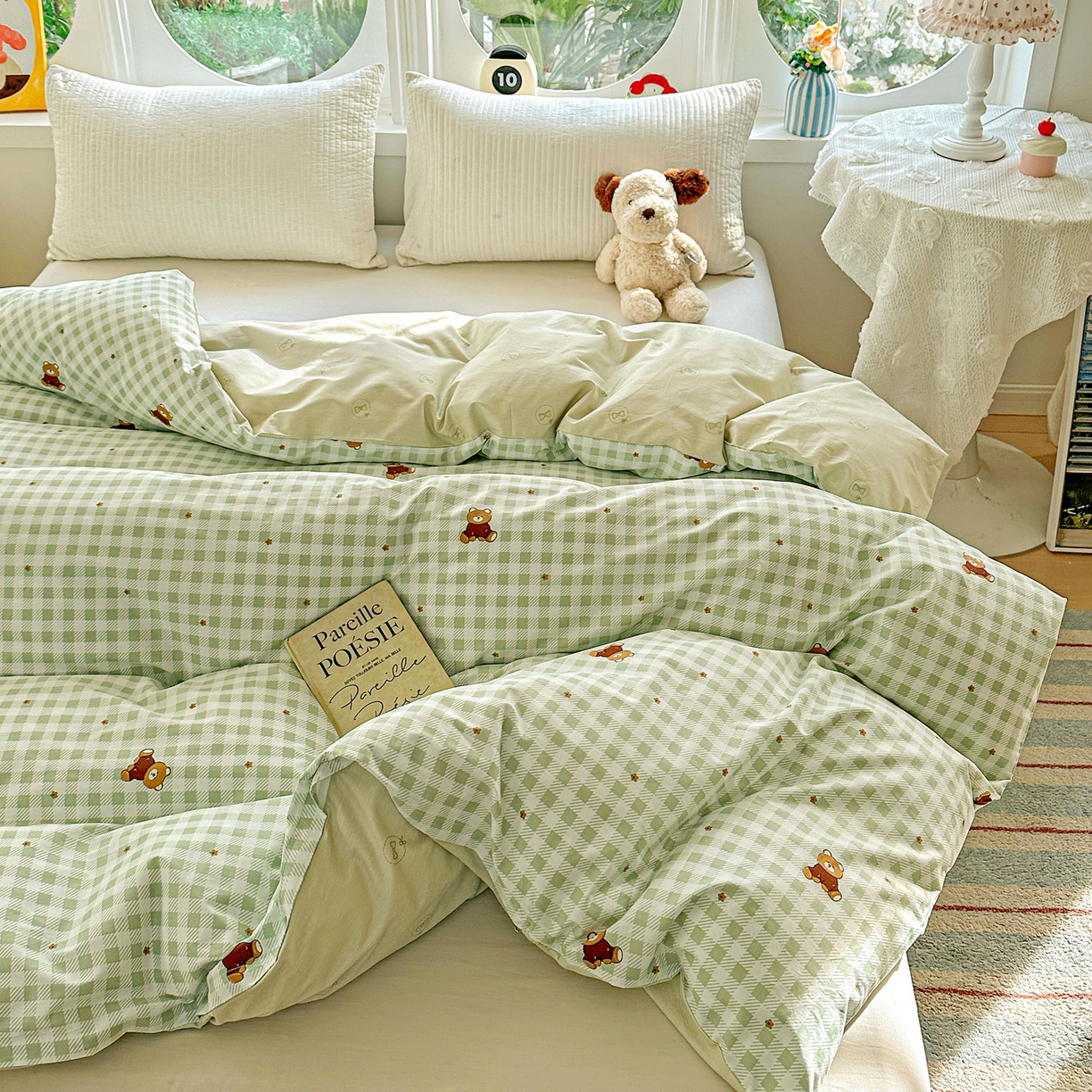 91家纺网 家纺一手货源 找家纺 佳汐蓝家纺 2026新款全棉纯棉加厚13376印花单品被套 被套单件 绿格小熊