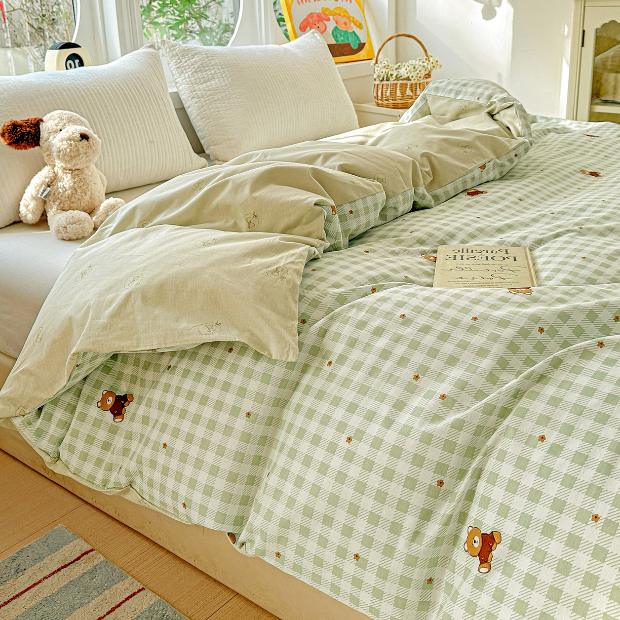 91家纺网 家纺一手货源 找家纺 佳汐蓝家纺 2026新款全棉纯棉加厚13376印花单品被套 被套单件 绿格小熊