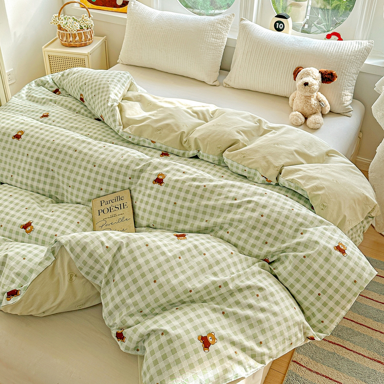 91家纺网 家纺一手货源 找家纺 佳汐蓝家纺 2026新款全棉纯棉加厚13376印花单品被套 被套单件 绿格小熊