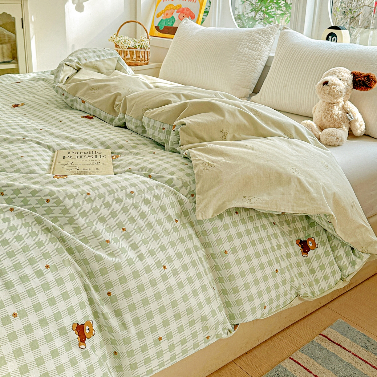 91家纺网 家纺一手货源 找家纺 佳汐蓝家纺 2026新款全棉纯棉加厚13376印花单品被套 被套单件 绿格小熊