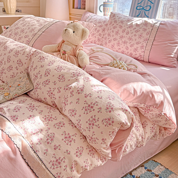 91家纺网 家纺一手货源 找家纺 （总）逸林家纺《原希尔顿逸林》 2026新款春款古法水洗棉法式立体全棉花边拼接款四件套学生三件套单品被套枕套