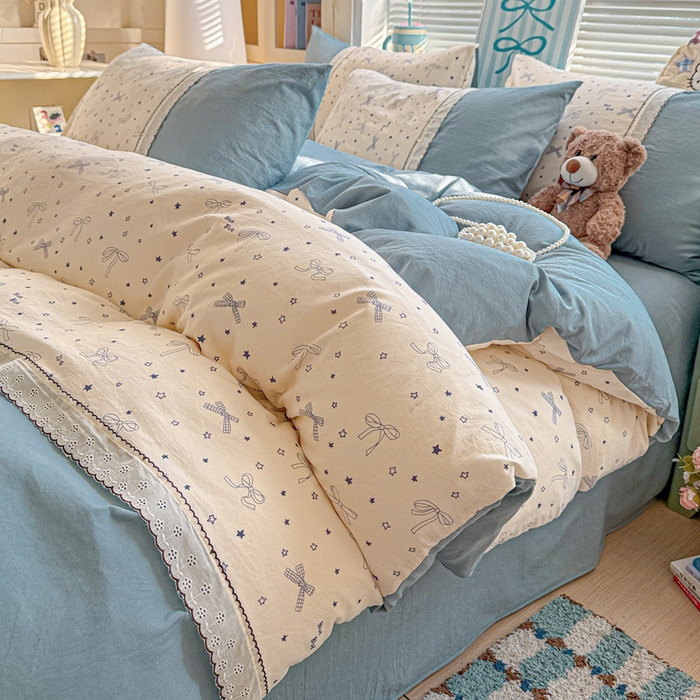 91家纺网 家纺一手货源 找家纺 （总）逸林家纺《原希尔顿逸林》 2026新款春款古法水洗棉法式立体全棉花边拼接款四件套学生三件套单品被套枕套