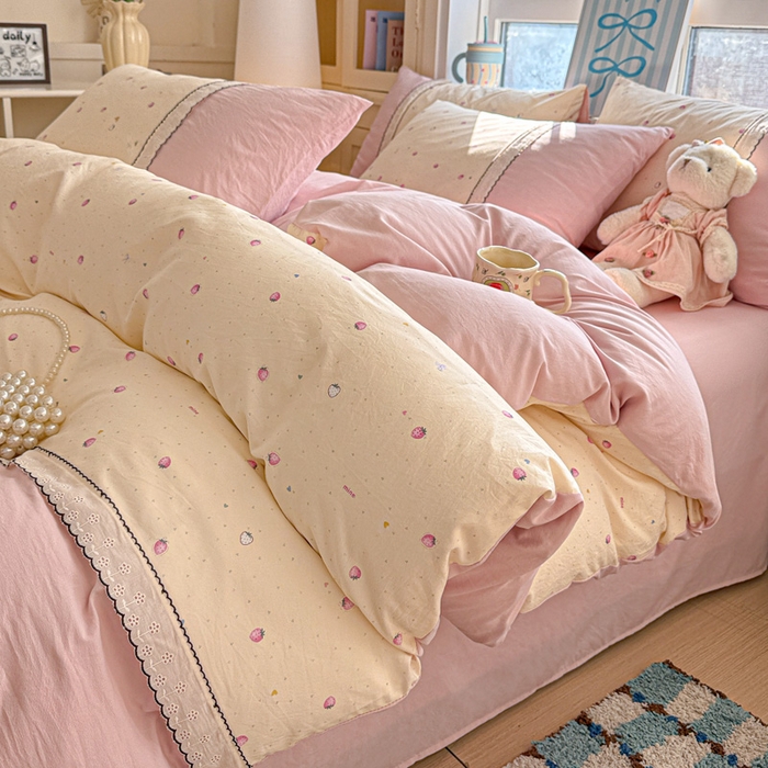 91家纺网 家纺一手货源 找家纺 （总）逸林家纺《原希尔顿逸林》 2026新款春款古法水洗棉法式立体全棉花边拼接款四件套学生三件套单品被套枕套