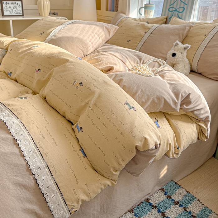 91家纺网 家纺一手货源 找家纺 （总）逸林家纺《原希尔顿逸林》 2026新款春款古法水洗棉法式立体全棉花边拼接款四件套学生三件套单品被套枕套