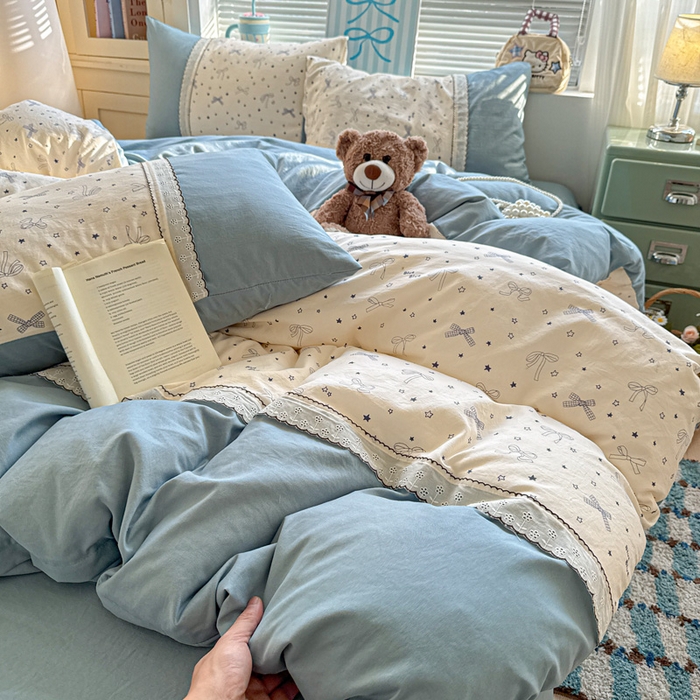 91家纺网 家纺一手货源 找家纺 逸林家纺《原希尔顿逸林》 2026新款春款古法水洗棉法式立体全棉花边拼接款四件套学生三件套单品被套枕套 雨沫