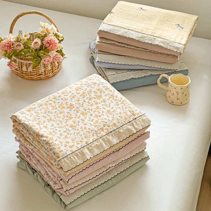 逸林家纺《原希尔顿逸林》 2026新款春款古法水洗棉法式立体全棉花边拼接款四件套学生三件套单品被套枕套 组合图仅供展示-不可下单