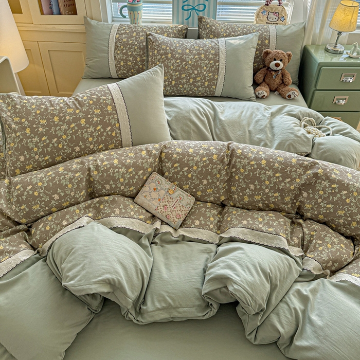 91家纺网 家纺一手货源 找家纺 逸林家纺《原希尔顿逸林》 2026新款春款古法水洗棉法式立体全棉花边拼接款四件套学生三件套单品被套枕套 知否