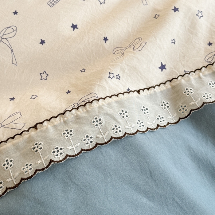 91家纺网 家纺一手货源 找家纺 逸林家纺《原希尔顿逸林》 2026新款春款古法水洗棉法式立体全棉花边拼接款四件套学生三件套单品被套枕套 雨沫