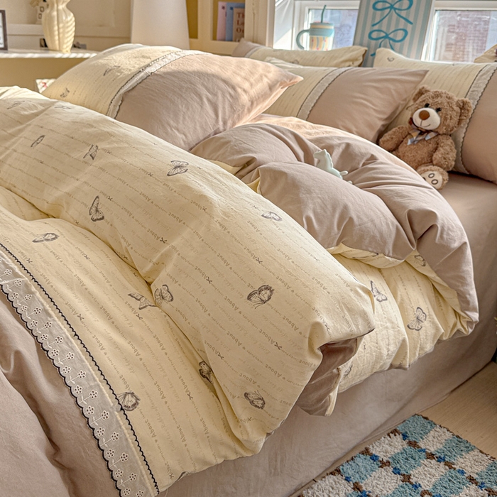 逸林家纺《原希尔顿逸林》 2026新款春款古法水洗棉法式立体全棉花边拼接款四件套学生三件套单品被套枕套 漫花蝶舞