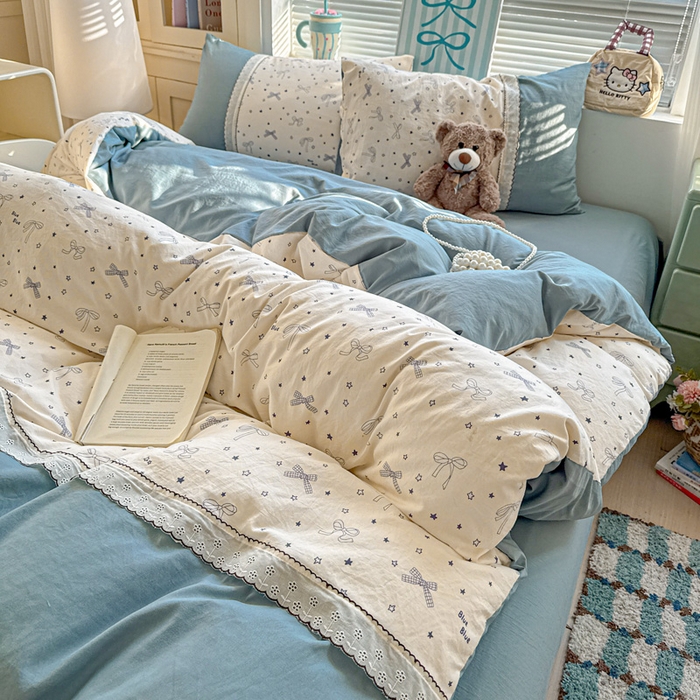 91家纺网 家纺一手货源 找家纺 逸林家纺《原希尔顿逸林》 2026新款春款古法水洗棉法式立体全棉花边拼接款四件套学生三件套单品被套枕套 雨沫