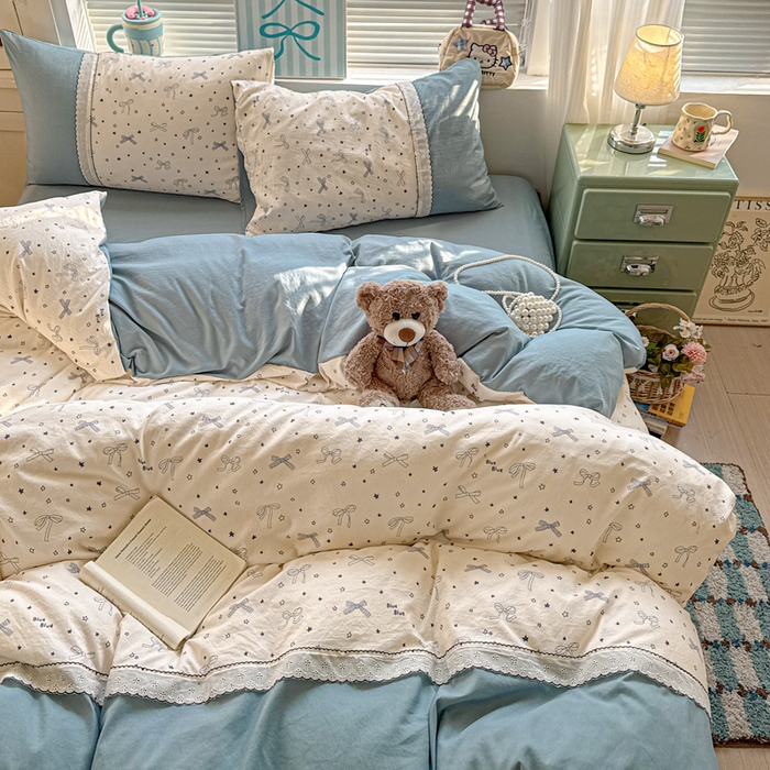 91家纺网 家纺一手货源 找家纺 逸林家纺《原希尔顿逸林》 2026新款春款古法水洗棉法式立体全棉花边拼接款四件套学生三件套单品被套枕套 雨沫