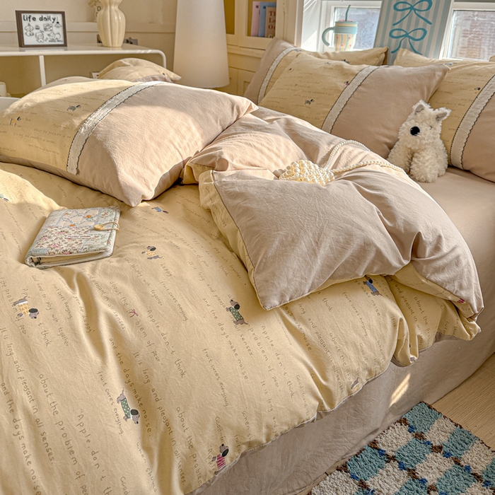 91家纺网 家纺一手货源 找家纺 逸林家纺《原希尔顿逸林》 2026新款春款古法水洗棉法式立体全棉花边拼接款四件套学生三件套单品被套枕套 狗狗家族