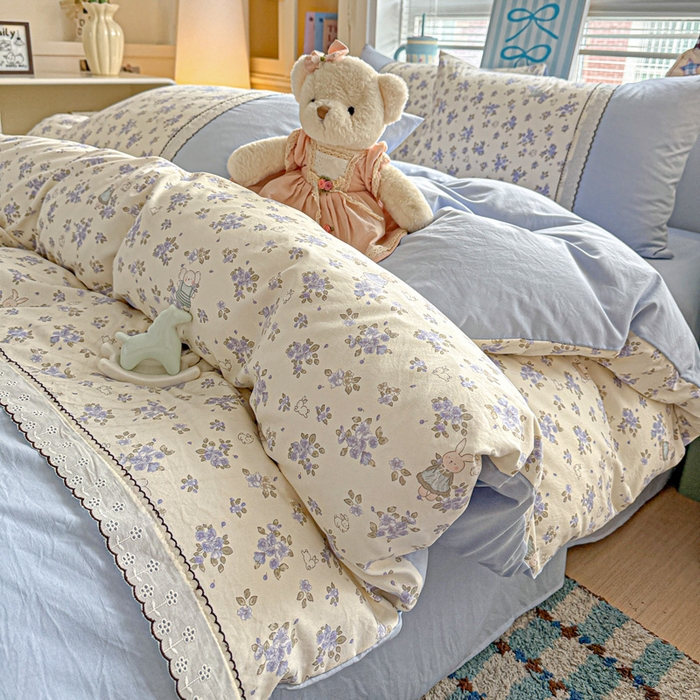 逸林家纺《原希尔顿逸林》 2026新款春款古法水洗棉法式立体全棉花边拼接款四件套学生三件套单品被套枕套 兔子园