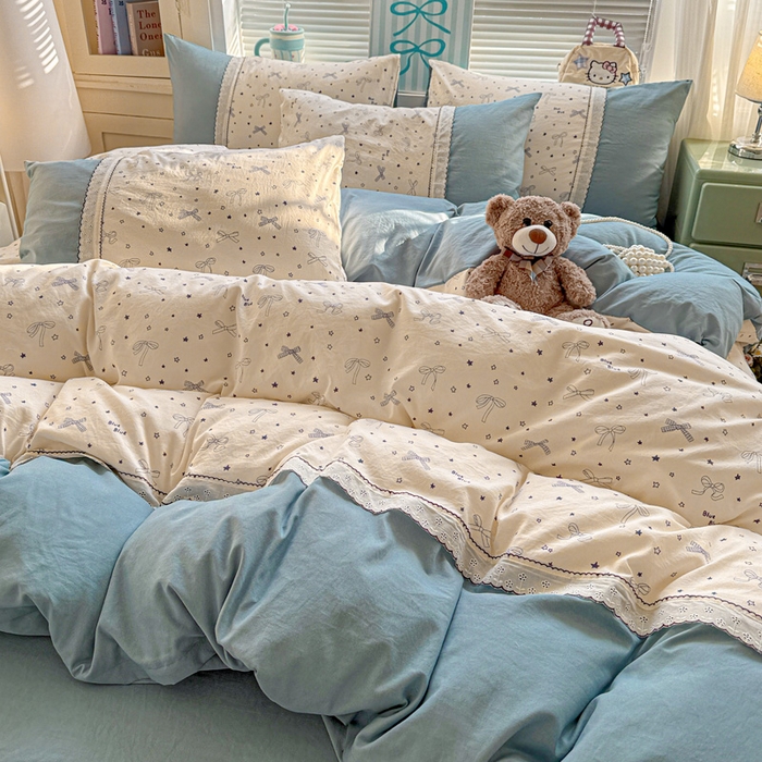 91家纺网 家纺一手货源 找家纺 逸林家纺《原希尔顿逸林》 2026新款春款古法水洗棉法式立体全棉花边拼接款四件套学生三件套单品被套枕套 雨沫