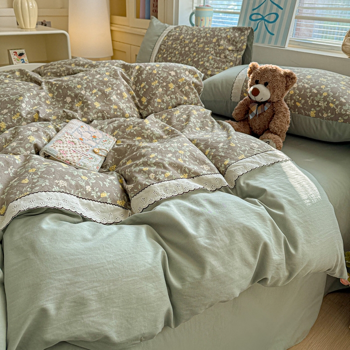 91家纺网 家纺一手货源 找家纺 逸林家纺《原希尔顿逸林》 2026新款春款古法水洗棉法式立体全棉花边拼接款四件套学生三件套单品被套枕套 知否