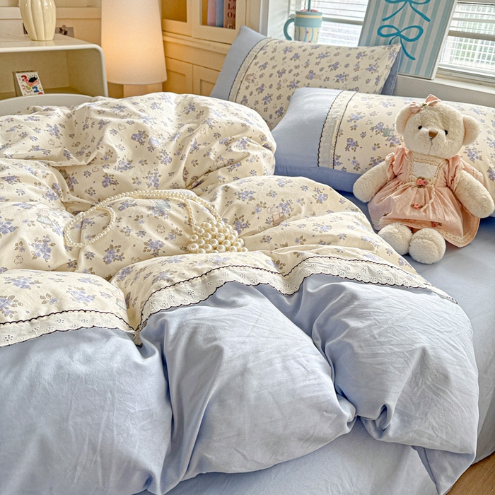 91家纺网 家纺一手货源 找家纺 逸林家纺《原希尔顿逸林》 2026新款春款古法水洗棉法式立体全棉花边拼接款四件套学生三件套单品被套枕套 兔子园