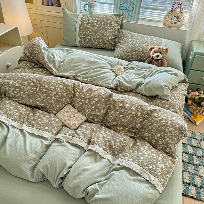 91家纺网 家纺一手货源 找家纺 逸林家纺《原希尔顿逸林》 2026新款春款古法水洗棉法式立体全棉花边拼接款四件套学生三件套单品被套枕套 知否