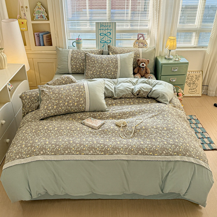 91家纺网 家纺一手货源 找家纺 逸林家纺《原希尔顿逸林》 2026新款春款古法水洗棉法式立体全棉花边拼接款四件套学生三件套单品被套枕套 知否