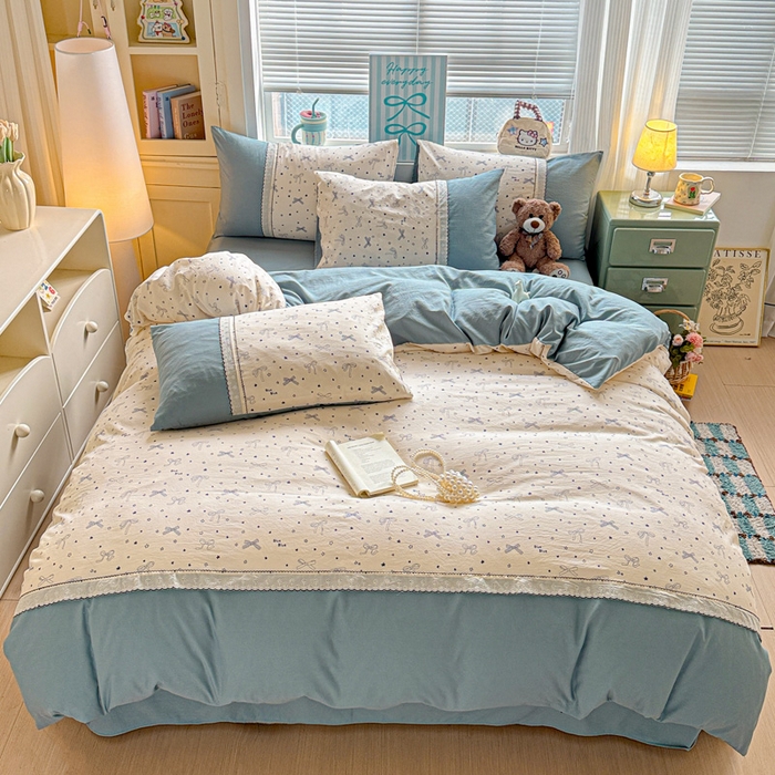 91家纺网 家纺一手货源 找家纺 逸林家纺《原希尔顿逸林》 2026新款春款古法水洗棉法式立体全棉花边拼接款四件套学生三件套单品被套枕套 雨沫