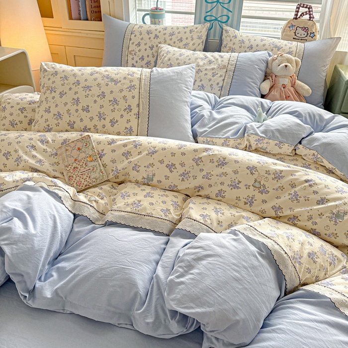 91家纺网 家纺一手货源 找家纺 逸林家纺《原希尔顿逸林》 2026新款春款古法水洗棉法式立体全棉花边拼接款四件套学生三件套单品被套枕套 兔子园