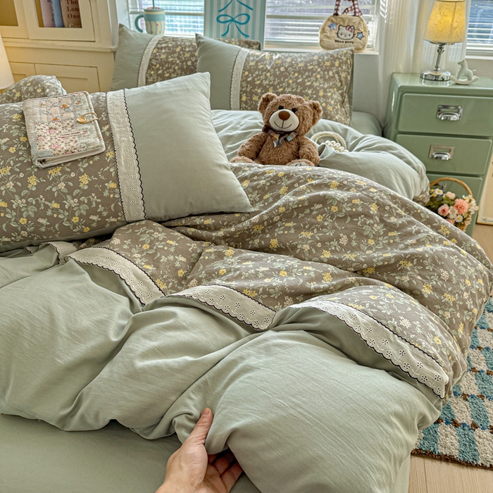 91家纺网 家纺一手货源 找家纺 逸林家纺《原希尔顿逸林》 2026新款春款古法水洗棉法式立体全棉花边拼接款四件套学生三件套单品被套枕套 知否