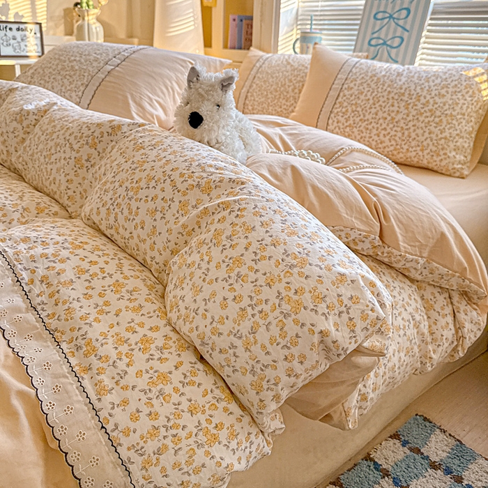 逸林家纺《原希尔顿逸林》 2026新款春款古法水洗棉法式立体全棉花边拼接款四件套学生三件套单品被套枕套 花影