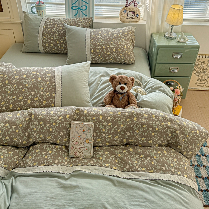 91家纺网 家纺一手货源 找家纺 逸林家纺《原希尔顿逸林》 2026新款春款古法水洗棉法式立体全棉花边拼接款四件套学生三件套单品被套枕套 知否