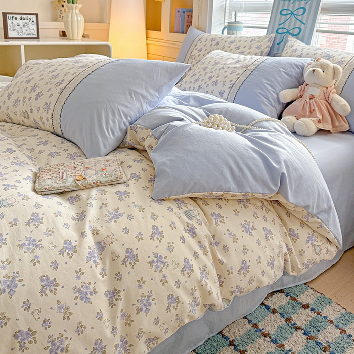 91家纺网 家纺一手货源 找家纺 逸林家纺《原希尔顿逸林》 2026新款春款古法水洗棉法式立体全棉花边拼接款四件套学生三件套单品被套枕套 兔子园