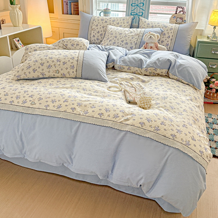 91家纺网 家纺一手货源 找家纺 逸林家纺《原希尔顿逸林》 2026新款春款古法水洗棉法式立体全棉花边拼接款四件套学生三件套单品被套枕套 兔子园