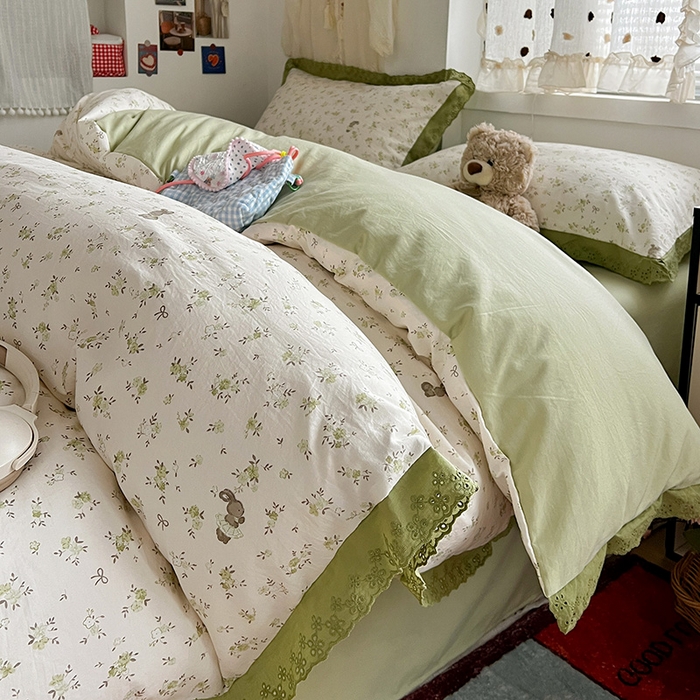 91家纺网 家纺一手货源 找家纺 （总）逸林家纺《原希尔顿逸林》 2026新款春款古法水洗棉法式全棉花边四件套森系花边款四件套