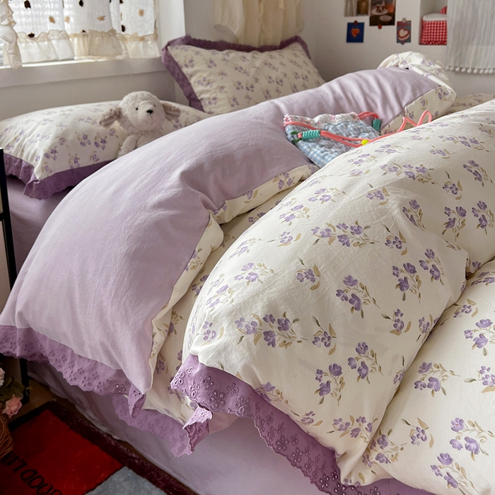 91家纺网 家纺一手货源 找家纺 （总）逸林家纺《原希尔顿逸林》 2026新款春款古法水洗棉法式全棉花边四件套森系花边款四件套