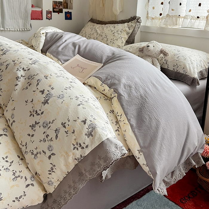 91家纺网 家纺一手货源 找家纺 （总）逸林家纺《原希尔顿逸林》 2026新款春款古法水洗棉法式全棉花边四件套森系花边款四件套