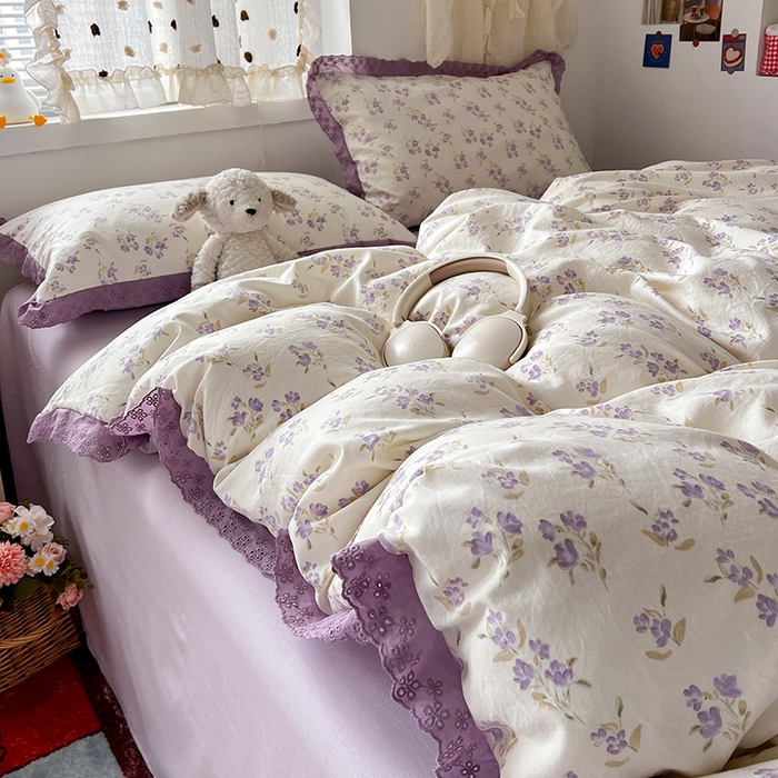 91家纺网 家纺一手货源 找家纺 （总）逸林家纺《原希尔顿逸林》 2026新款春款古法水洗棉法式全棉花边四件套森系花边款四件套