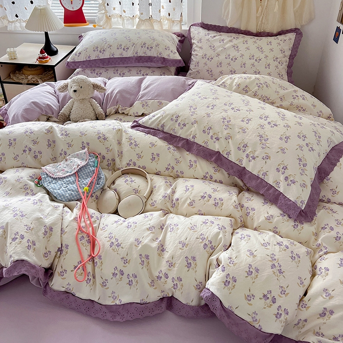 91家纺网 家纺一手货源 找家纺 （总）逸林家纺《原希尔顿逸林》 2026新款春款古法水洗棉法式全棉花边四件套森系花边款四件套