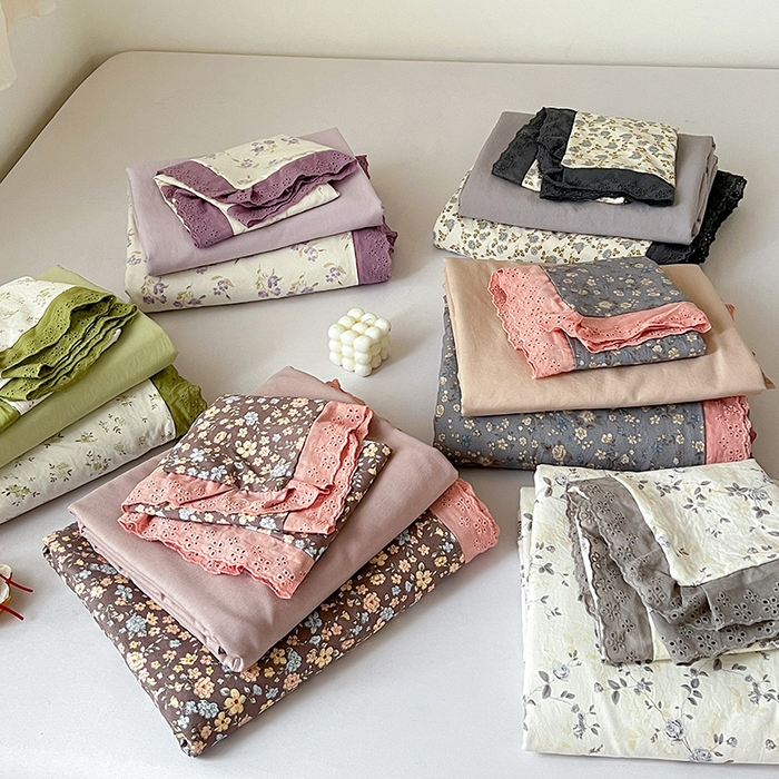 91家纺网 家纺一手货源 找家纺 （总）逸林家纺《原希尔顿逸林》 2026新款春款古法水洗棉法式全棉花边四件套森系花边款四件套