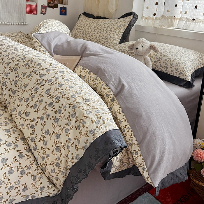 91家纺网 家纺一手货源 找家纺 （总）逸林家纺《原希尔顿逸林》 2026新款春款古法水洗棉法式全棉花边四件套森系花边款四件套