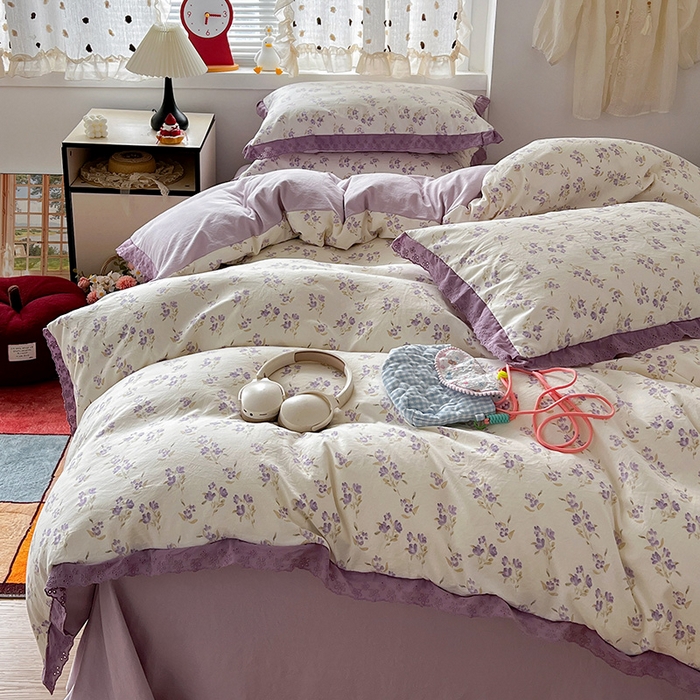 91家纺网 家纺一手货源 找家纺 （总）逸林家纺《原希尔顿逸林》 2026新款春款古法水洗棉法式全棉花边四件套森系花边款四件套