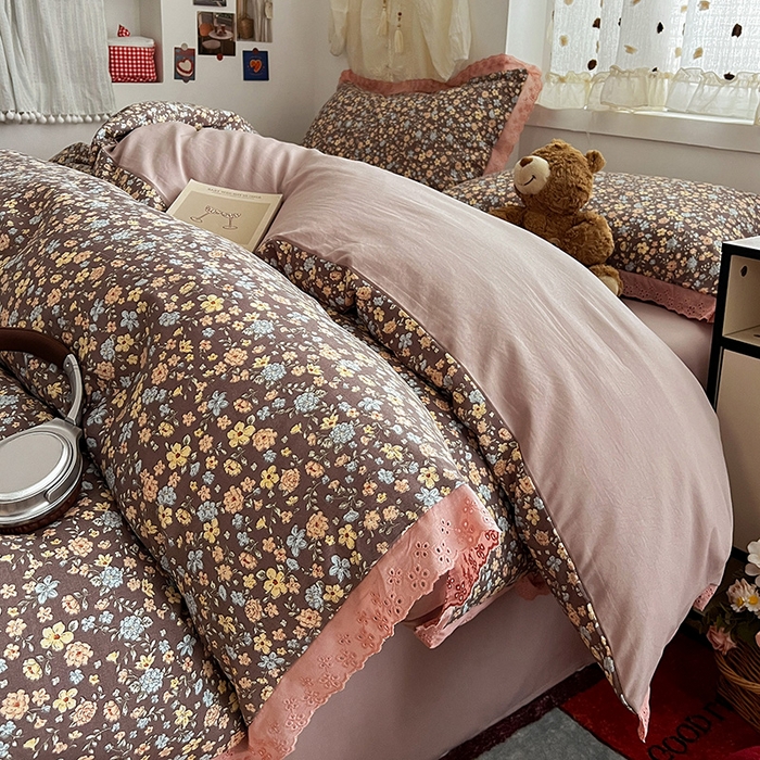 91家纺网 家纺一手货源 找家纺 （总）逸林家纺《原希尔顿逸林》 2026新款春款古法水洗棉法式全棉花边四件套森系花边款四件套