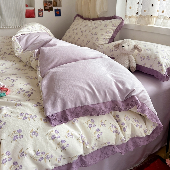 91家纺网 家纺一手货源 找家纺 逸林家纺《原希尔顿逸林》 2026新款春款古法水洗棉法式全棉花边四件套森系花边款四件套 莉莉安