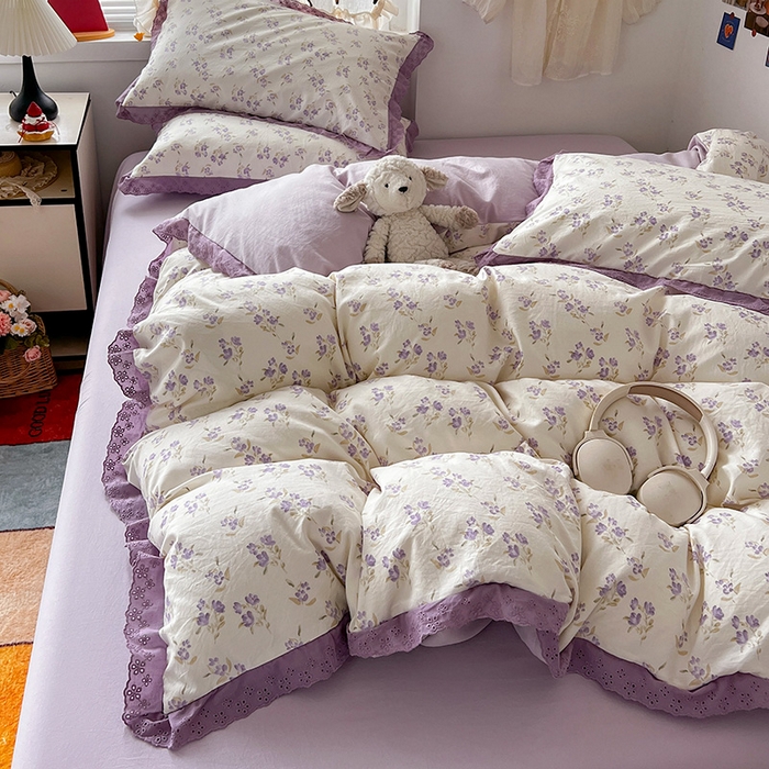 91家纺网 家纺一手货源 找家纺 逸林家纺《原希尔顿逸林》 2026新款春款古法水洗棉法式全棉花边四件套森系花边款四件套 莉莉安