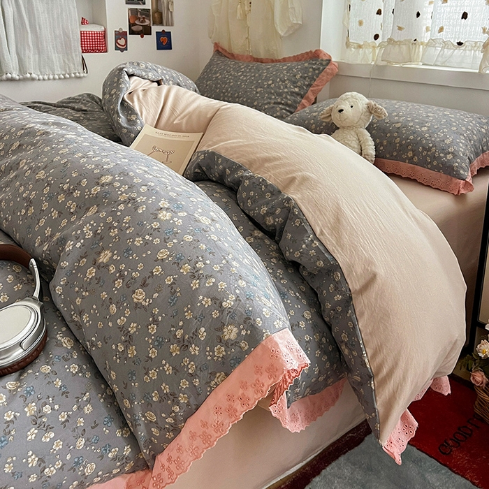 逸林家纺《原希尔顿逸林》 2026新款春款古法水洗棉法式全棉花边四件套森系花边款四件套 桐秋兰