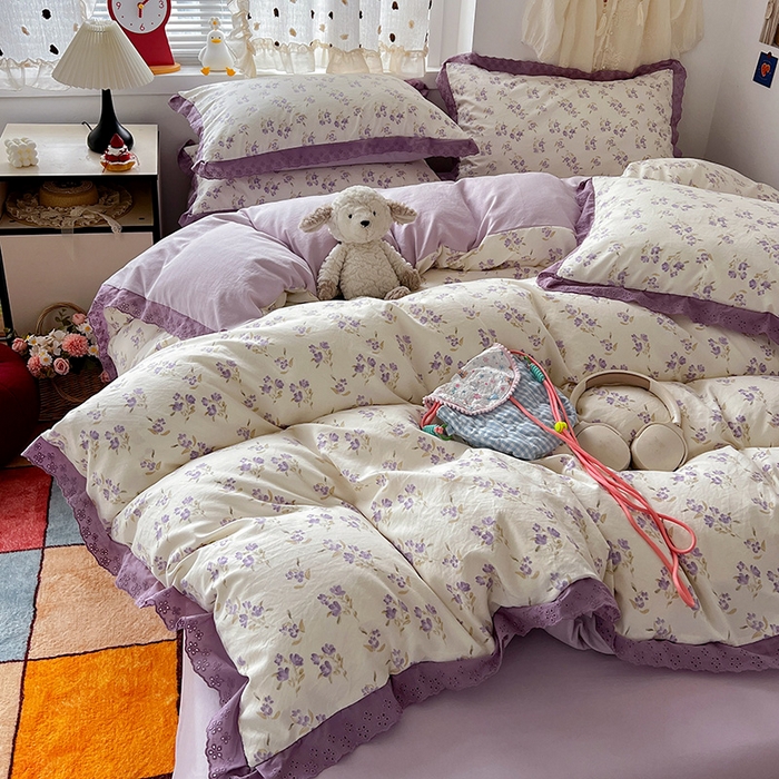 91家纺网 家纺一手货源 找家纺 逸林家纺《原希尔顿逸林》 2026新款春款古法水洗棉法式全棉花边四件套森系花边款四件套 莉莉安