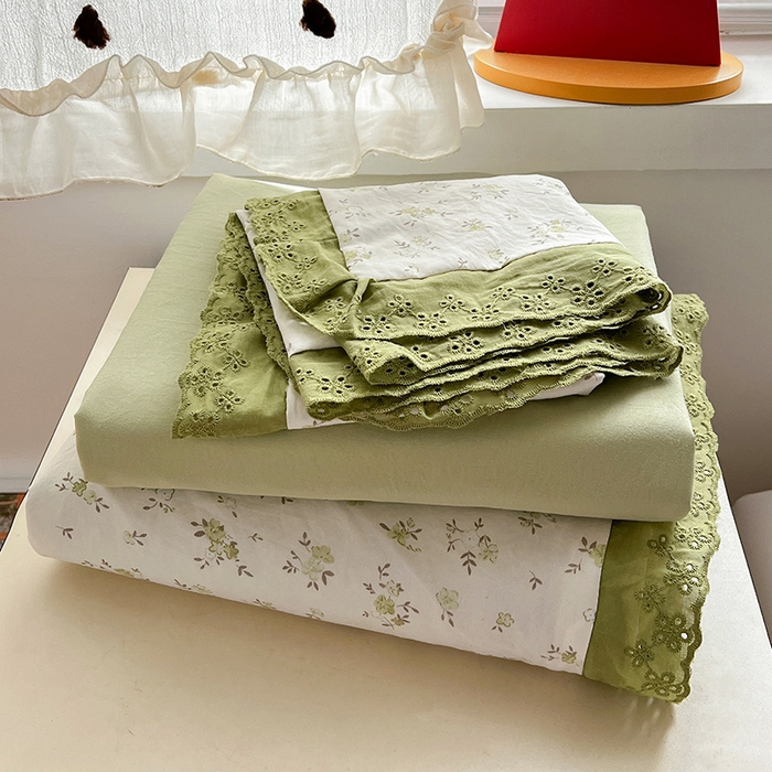 91家纺网 家纺一手货源 找家纺 逸林家纺《原希尔顿逸林》 2026新款春款古法水洗棉法式全棉花边四件套森系花边款四件套 叶初开