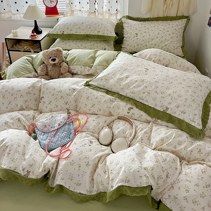 91家纺网 家纺一手货源 找家纺 逸林家纺《原希尔顿逸林》 2026新款春款古法水洗棉法式全棉花边四件套森系花边款四件套 叶初开