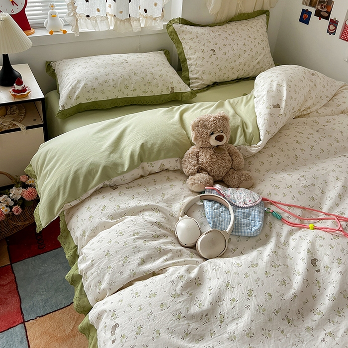 91家纺网 家纺一手货源 找家纺 逸林家纺《原希尔顿逸林》 2026新款春款古法水洗棉法式全棉花边四件套森系花边款四件套 叶初开